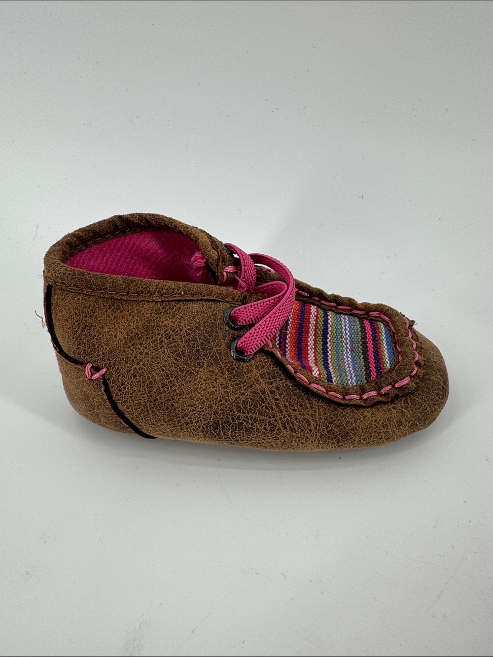 Ariat Brown Moccasin Baby Shoe with Pink and Multicolor Stripe Size 5
